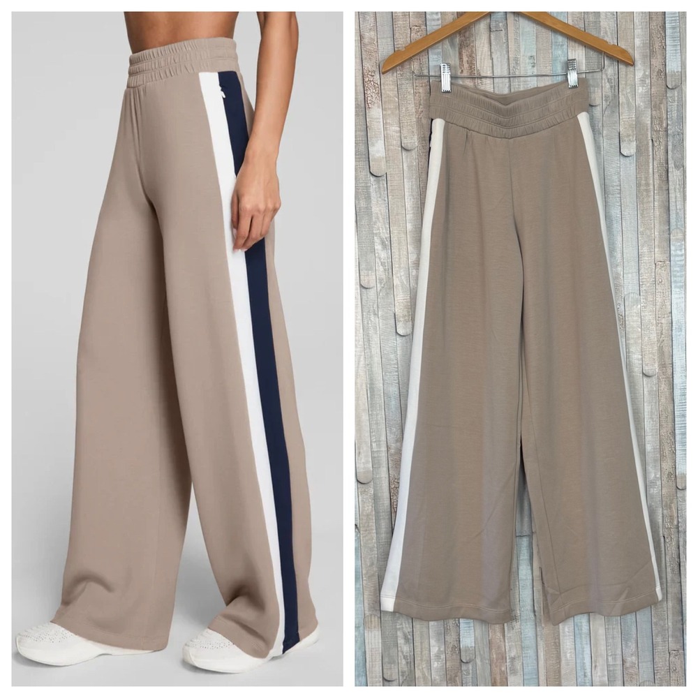 Spanx XS AirEssentials Colorblock Wide Leg Track Pant Side Stripe Pull On Tan XS